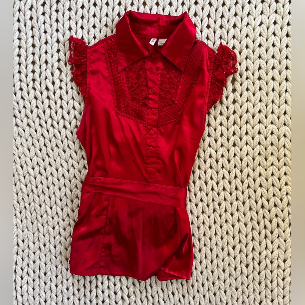 Bright red silky lace button down top with bow size large